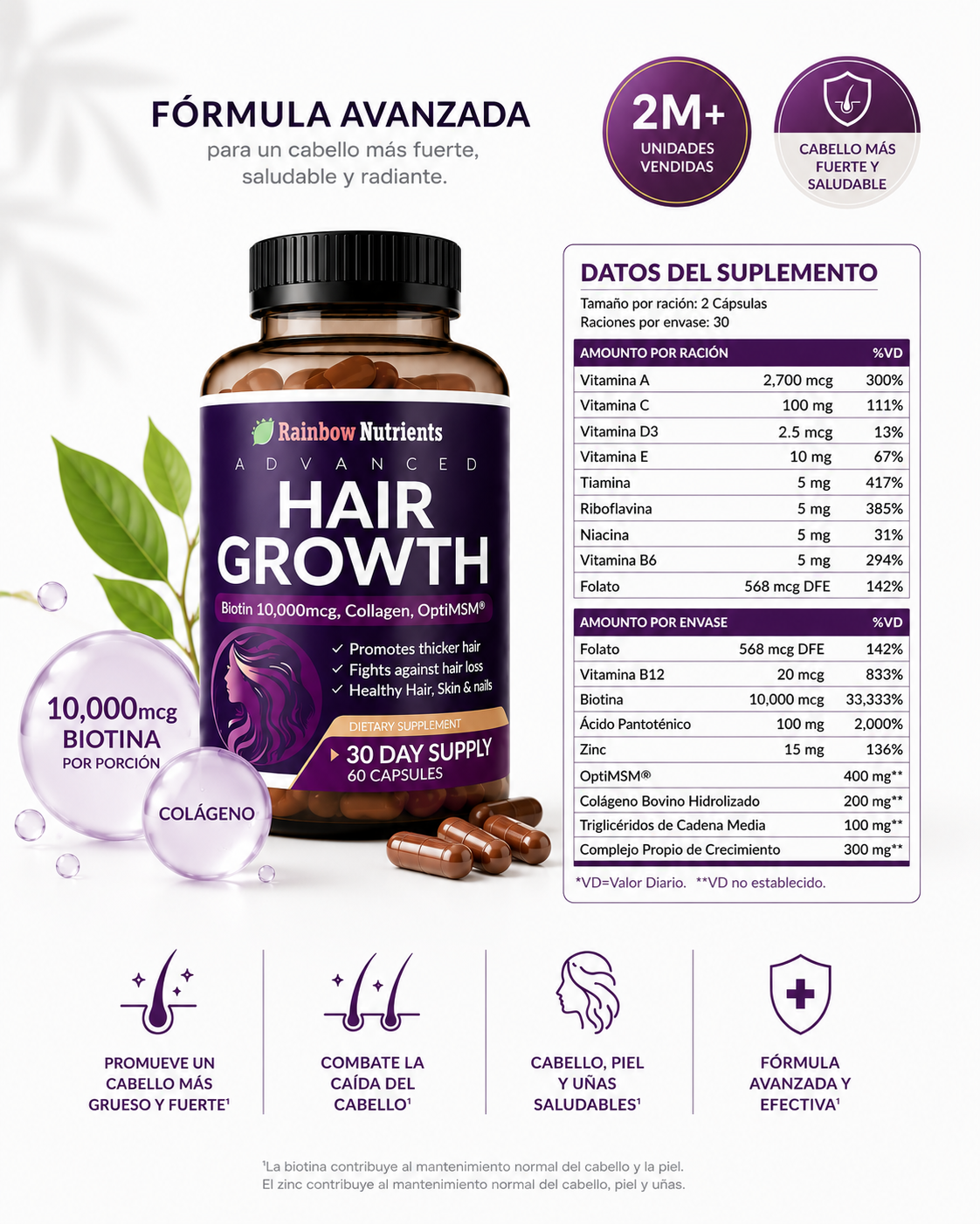 HAIR GROWTH 60 Cápsulas. -TRATAMIENTO CAPILAR | más fuerza, menos caída, más crecimiento