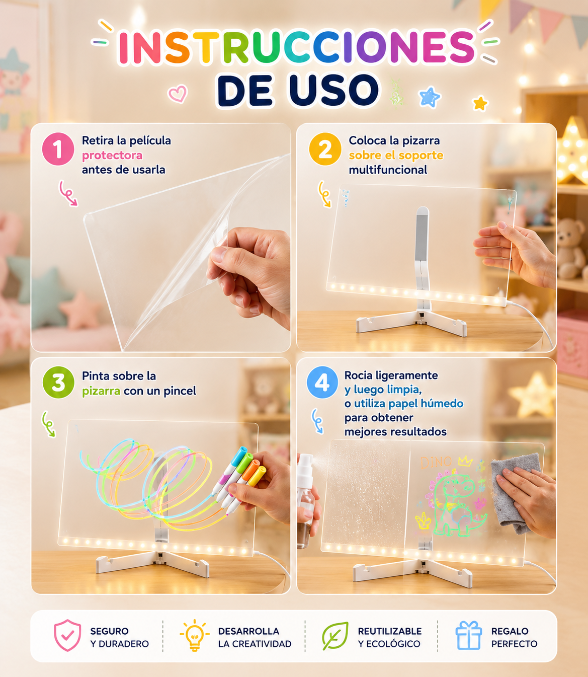 🌈 Pizarra Mágica LED 20×30 cm ✨ 📵 ¡Menos pantallas, más imaginación! 🎨💙