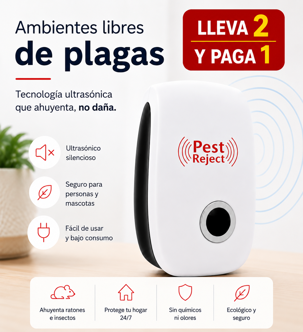 2x1 Repelente Ultrasónico de Plagas | Protege tu hogar de roedores sin químicos ni olores