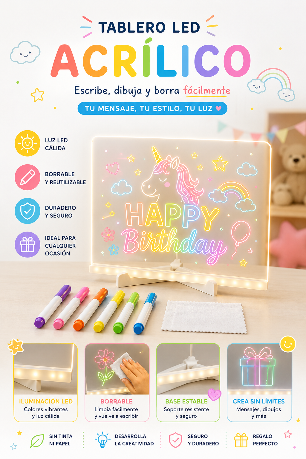 🌈 Pizarra Mágica LED 20×30 cm ✨ 📵 ¡Menos pantallas, más imaginación! 🎨💙