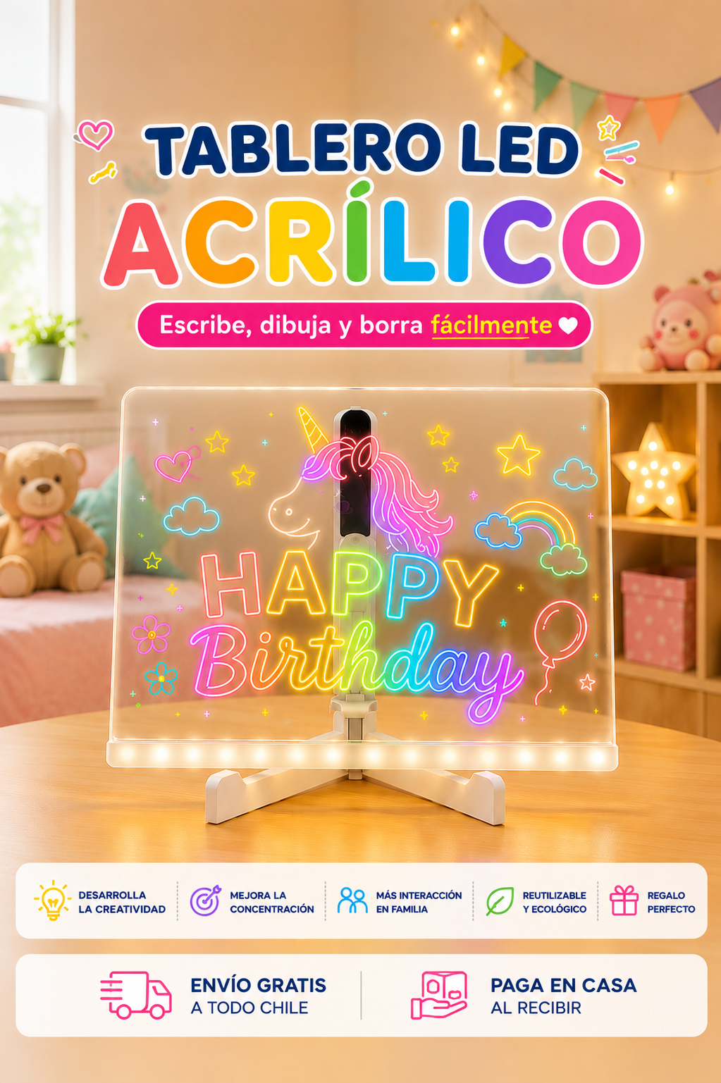 🌈 Pizarra Mágica LED 20×30 cm ✨ 📵 ¡Menos pantallas, más imaginación! 🎨💙